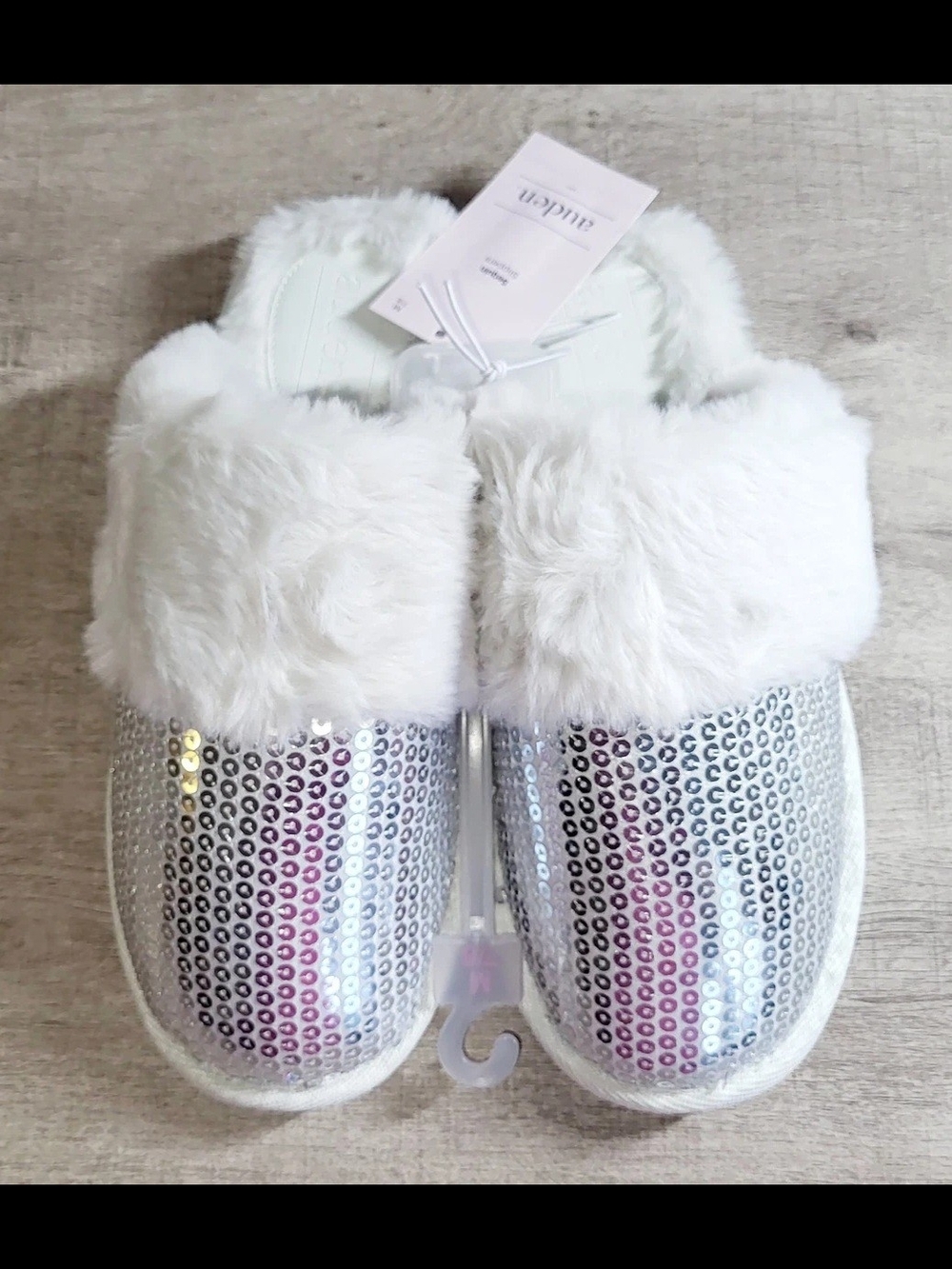 White Faux Fur Sequin Slip-On Slippers Box Of 6